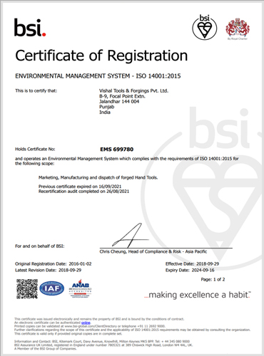 Vishal Tools & Forgings Pvt Ltd's ISO certificate