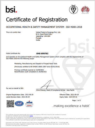 Vishal Tools & Forgings Pvt Ltd's OHSMS-45001:2018 Certificate